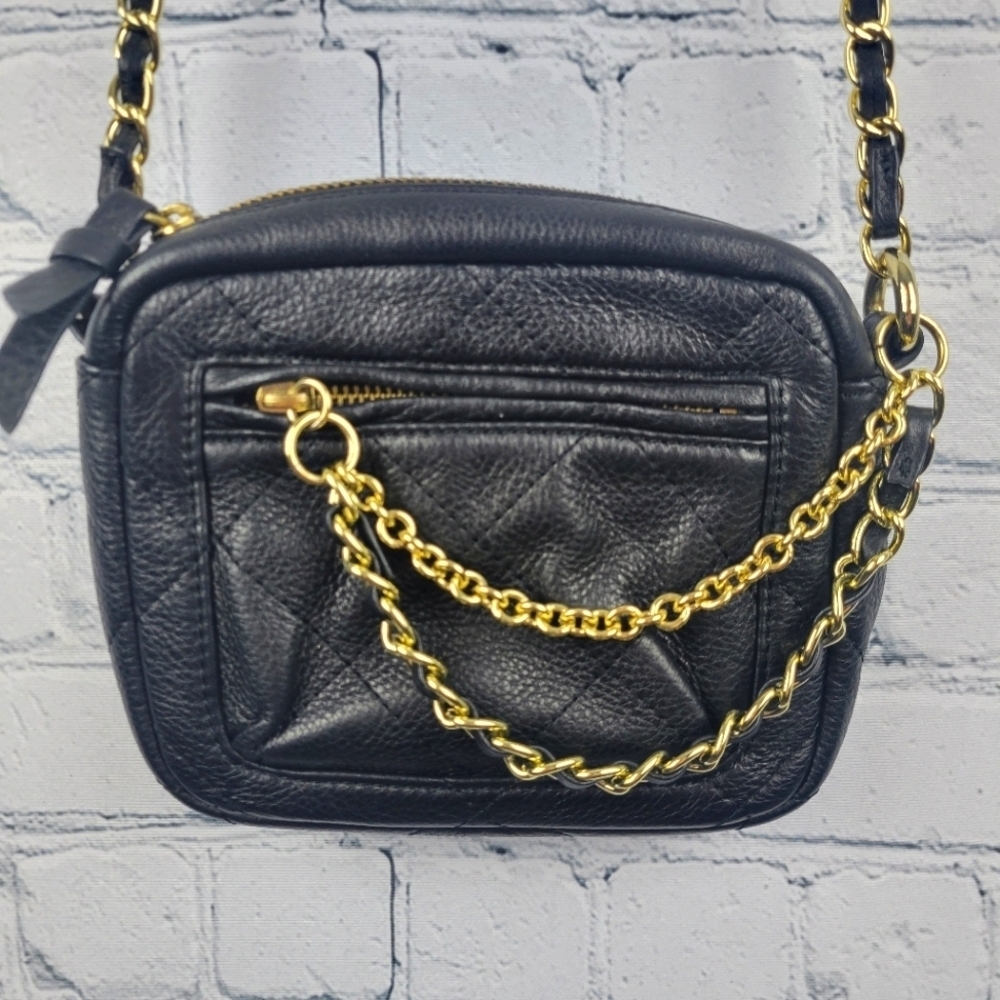 NWOT Betsey Johnson Small Black Leather Handbag with Gold Chain Detail